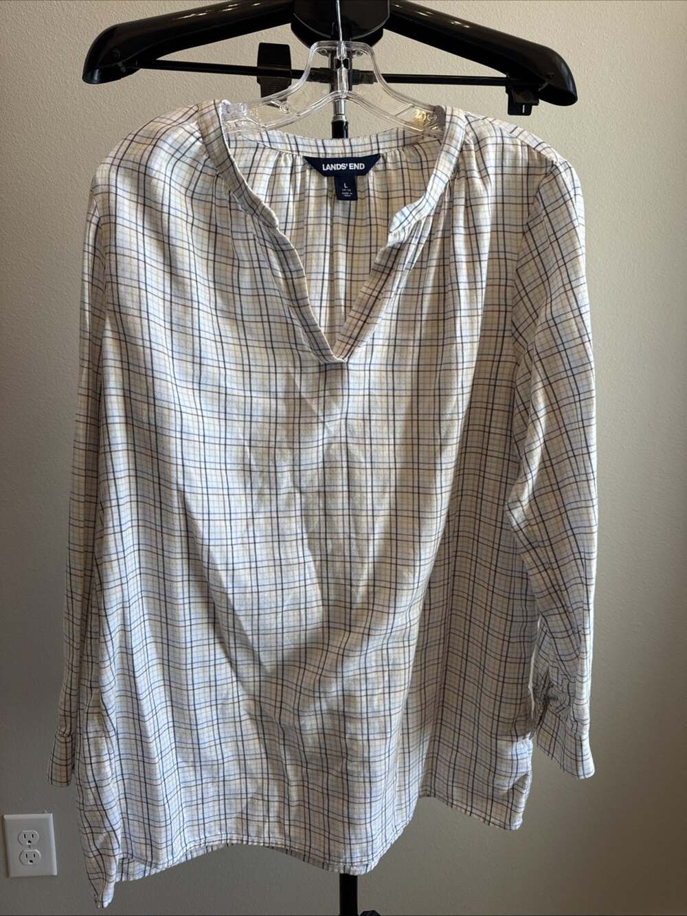 Lands End Women’s Light Weight Plaid Long Sleeve Top Size Large Cozy Fall